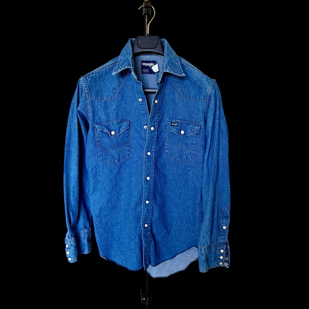 70's Wrangler Western Denim Shirt Medium Wash Pearl Snap Regular Fit 15-33